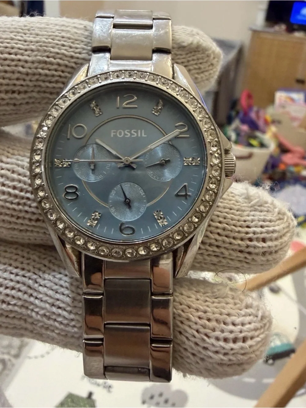 Fossil Riley ES3529 Watch Silver Stainless Steel Crystal Light Blue Dial Unisex